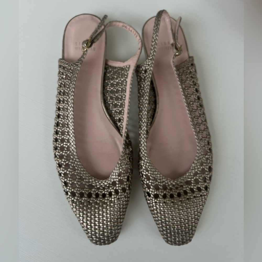 Stuart Weitzman Crochet Gold Flats Slingback, Kitten Heel